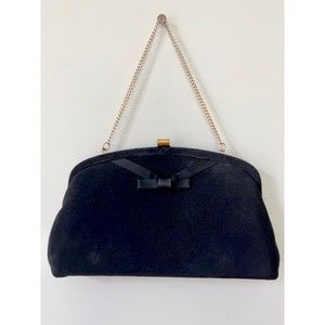 1950s Vintage Black Clutch Purse w/Bow & Chain Handle New Years Eve NYE Purses